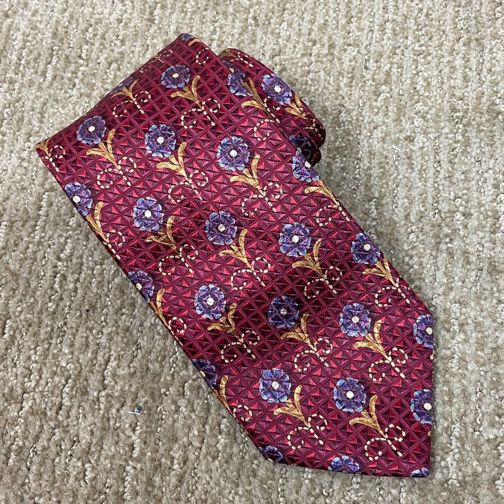 ERMENEGILDO ZEGNA 100% Silk Necktie Luxury Red‎ Blue Geometric Floral ITALY
